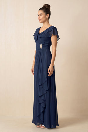 Dark Navy Ruffled A-Line Chiffon V-Neck Mother of the Bride Dress (3) | KISSBRIDAL