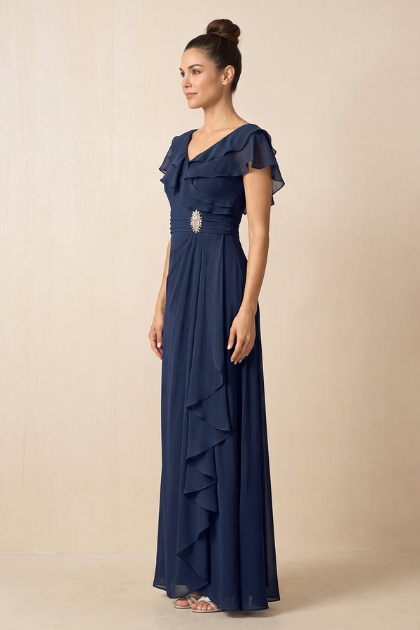 Dark Navy Ruffled A-Line Chiffon V-Neck Mother of the Bride Dress (3) | KISSBRIDAL