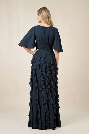 Dark Navy Ruffled Chiffon Half Sleeves A-Line Mother of the Bride Dress (2) | KISSBRIDAL