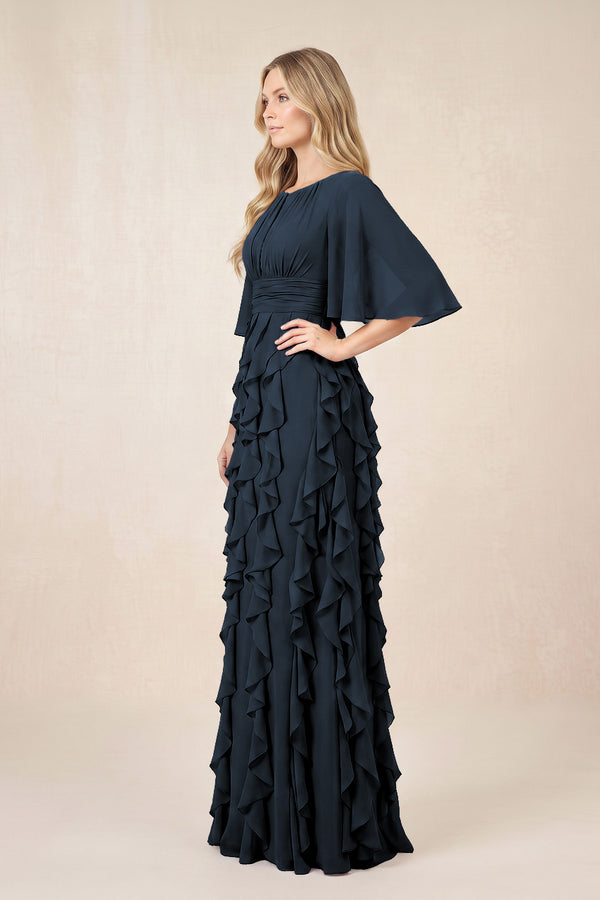 Dark Navy Ruffled Chiffon Half Sleeves A-Line Mother of the Bride Dress (3) | KISSBRIDAL
