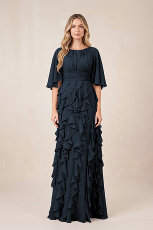 Dark Navy Ruffled Chiffon Half Sleeves A-Line Mother of the Bride Dress | KISSBRIDAL