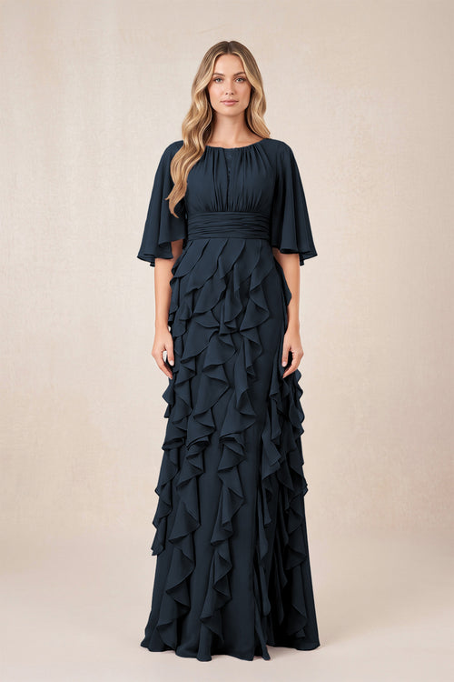 Dark Navy Ruffled Chiffon Half Sleeves A-Line Mother of the Bride Dress | KISSBRIDAL