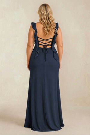 Dark Navy Ruffled Sleeve Ruched Sheath Chiffon Bridesmaid Dress (2) [sizeplus] | KISSBRIDAL