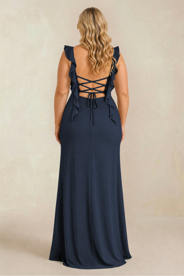 Dark Navy Ruffled Sleeve Ruched Sheath Chiffon Bridesmaid Dress (2) [sizeplus] | KISSBRIDAL