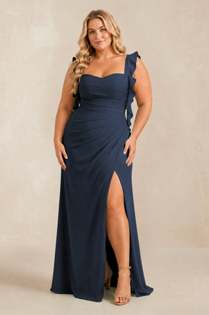 Dark Navy Ruffled Sleeve Ruched Sheath Chiffon Bridesmaid Dress [sizeplus] | KISSBRIDAL
