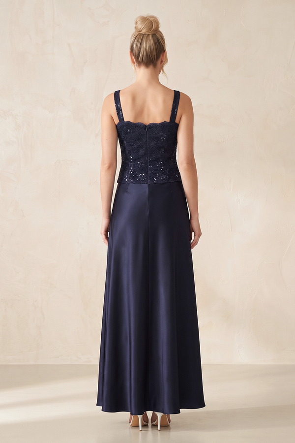 Dark Navy Satin A-Line Square Neck Mother of the Bride Dress (2) | KISSBRIDAL