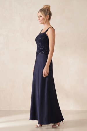 Dark Navy Satin A-Line Square Neck Mother of the Bride Dress (3) | KISSBRIDAL