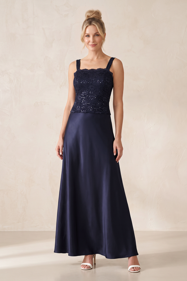 Dark Navy Satin A-Line Square Neck Mother of the Bride Dress | KISSBRIDAL