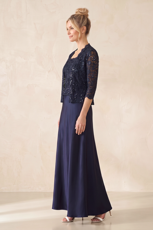 Dark Navy Satin A-Line Square Neck Mother of the Bride Dress | KISSBRIDAL
