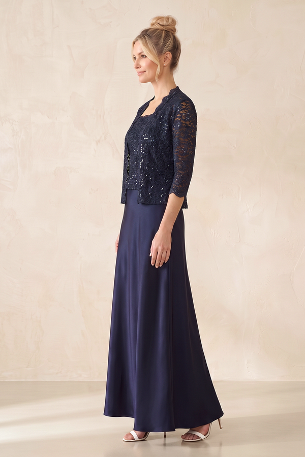 Dark Navy Satin A-Line Square Neck Mother of the Bride Dress | KISSBRIDAL