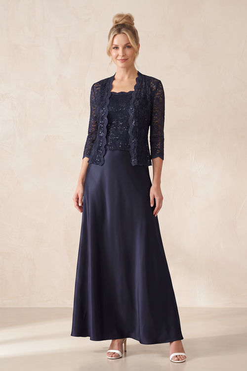 Dark Navy Satin A-Line Square Neck Mother of the Bride Dress | KISSBRIDAL