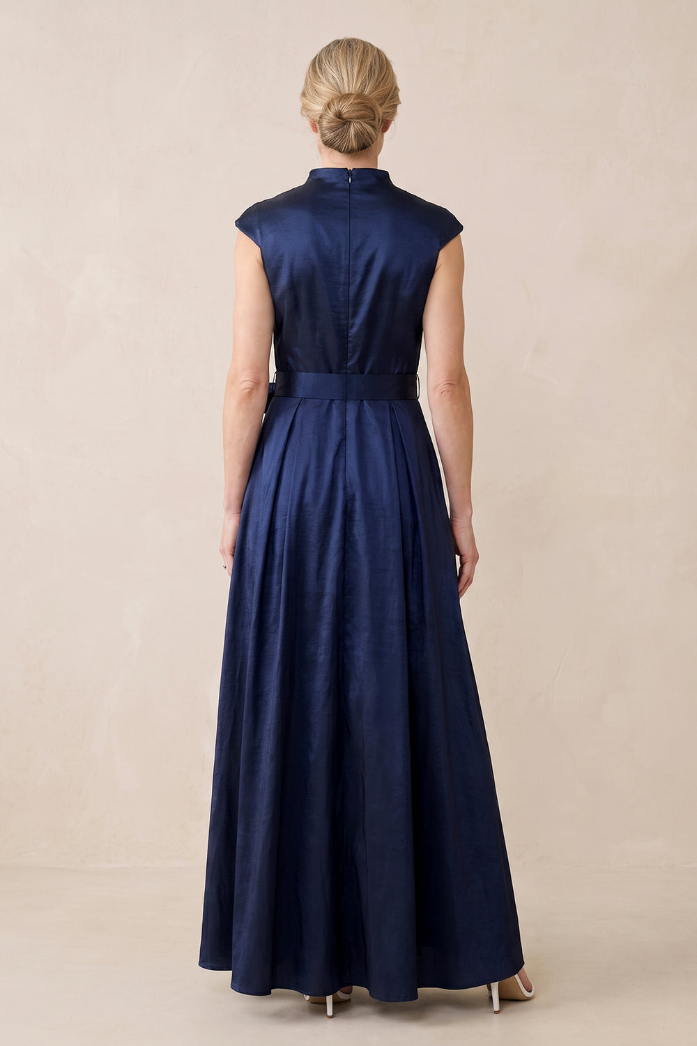 Dark Navy Satin A-Line V-Neck Cap Sleeves Mother of the Bride Dress