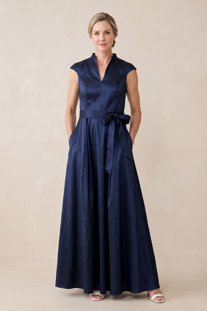 Dark Navy Satin A-Line V-Neck Cap Sleeves Mother of the Bride Dress