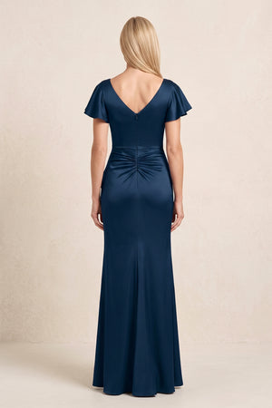 Dark Navy Satin Sheath V-Neck Mother of the Bride Dress With Ruffle Slit (2) | KISSBRIDAL