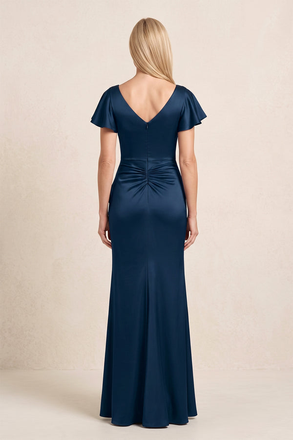 Dark Navy Satin Sheath V-Neck Mother of the Bride Dress With Ruffle Slit (2) | KISSBRIDAL