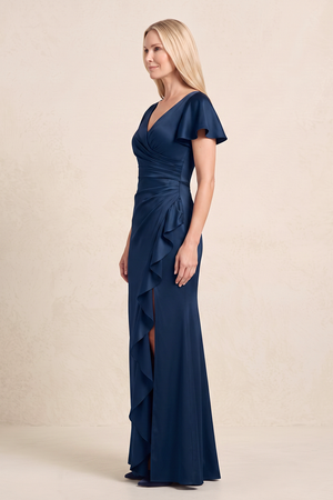 Dark Navy Satin Sheath V-Neck Mother of the Bride Dress With Ruffle Slit (3) | KISSBRIDAL