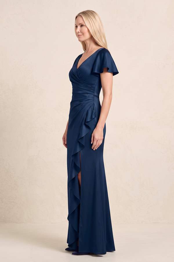 Dark Navy Satin Sheath V-Neck Mother of the Bride Dress With Ruffle Slit (3) | KISSBRIDAL