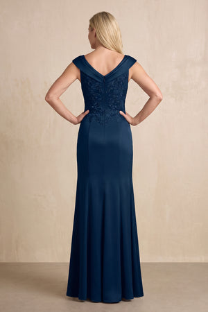 Dark Navy Satin Sheath V-Neck Mother of the Bride Dress With Ruffles (2) | KISSBRIDAL