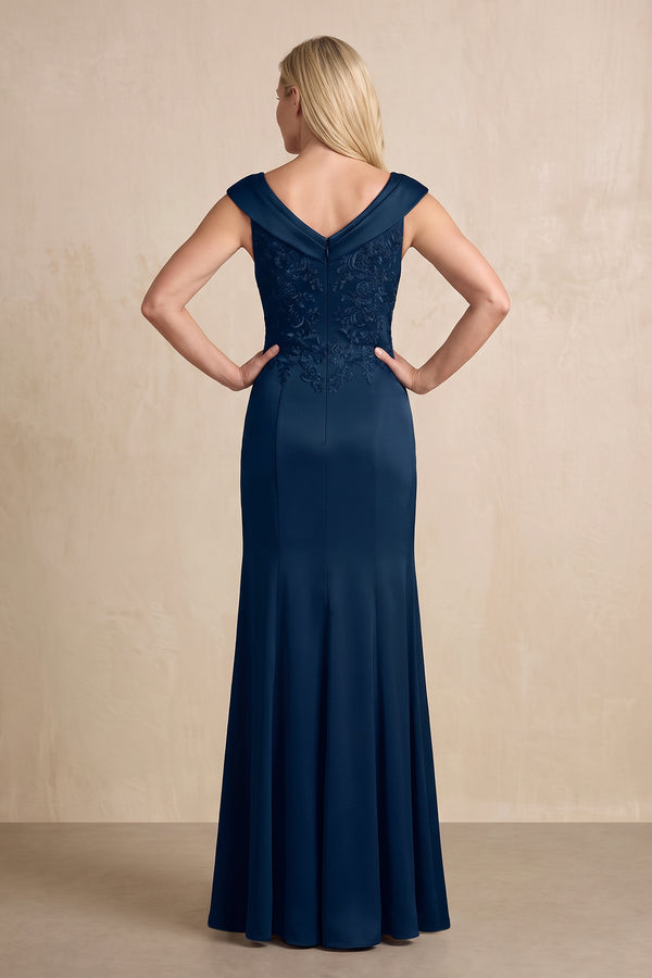 Dark Navy Satin Sheath V-Neck Mother of the Bride Dress With Ruffles (2) | KISSBRIDAL