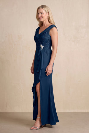 Dark Navy Satin Sheath V-Neck Mother of the Bride Dress With Ruffles (3) | KISSBRIDAL