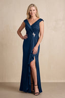 Dark Navy Satin Sheath V-Neck Mother of the Bride Dress With Ruffles | KISSBRIDAL