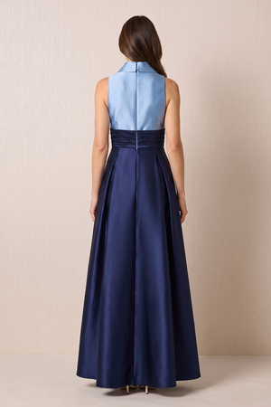 Dark Navy Shawl Collar A-Line Satin Ruched Mother of the Bride Dress (2) | KISSBRIDAL