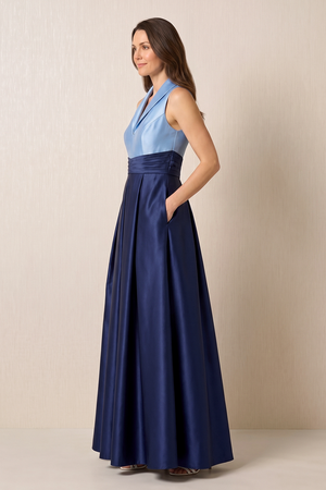 Dark Navy Shawl Collar A-Line Satin Ruched Mother of the Bride Dress (3) | KISSBRIDAL