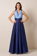 Dark Navy Shawl Collar A-Line Satin Ruched Mother of the Bride Dress | KISSBRIDAL