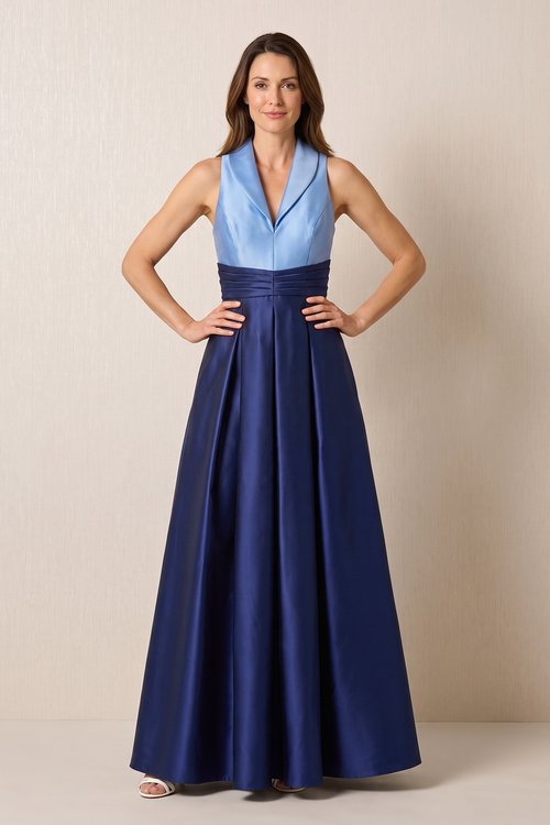 Dark Navy Shawl Collar A-Line Satin Ruched Mother of the Bride Dress | KISSBRIDAL