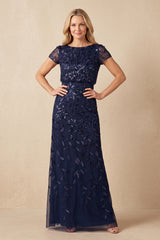Dark Navy Sheath Boat Neck Mother of the Bride Dress With Sequins | KISSBRIDAL