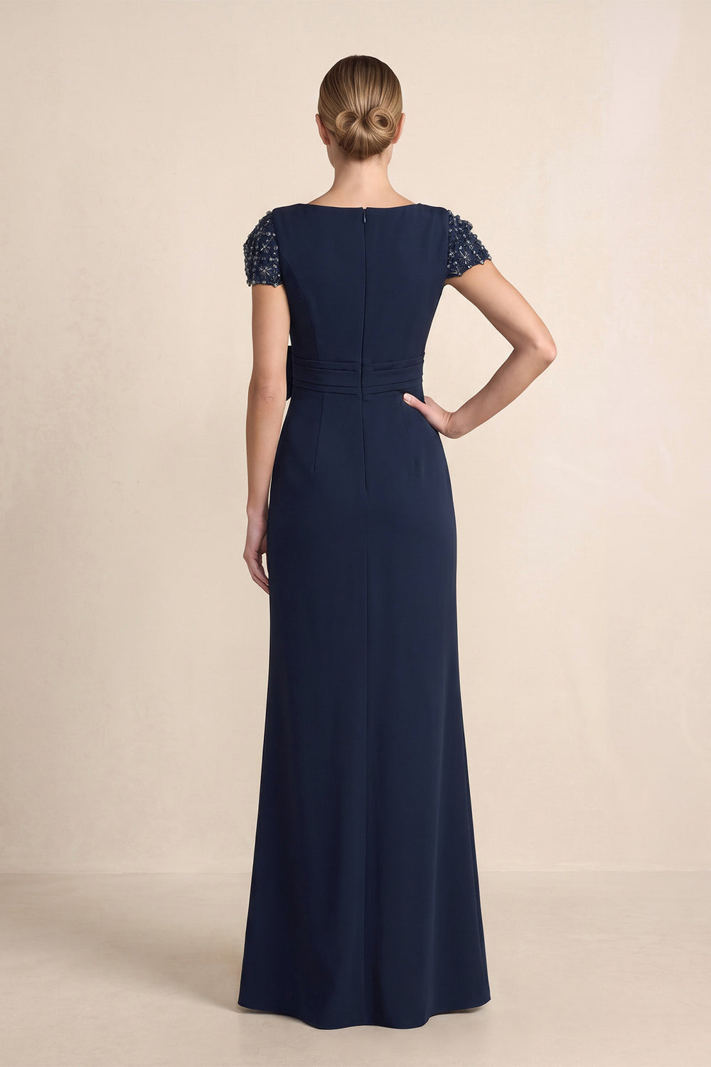 Dark Navy Sheath Boat Neck Satin Mother of the Bride Dress With Bow