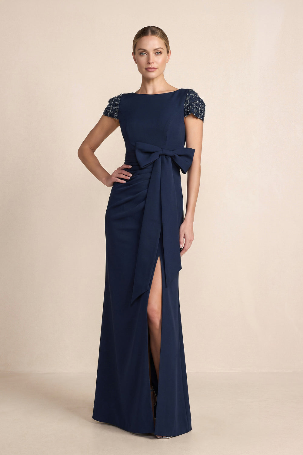 Dark Navy Sheath Boat Neck Satin Mother of the Bride Dress With Bow