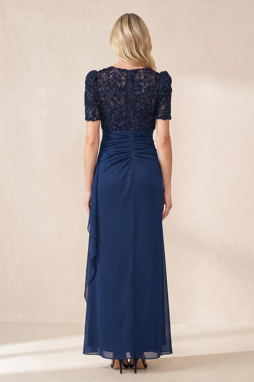 Dark Navy Sheath Chiffon Appliqued V-Neck Mother of the Bride Dress