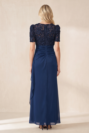Dark Navy Sheath Chiffon Appliqued V-Neck Mother of the Bride Dress (2) | KISSBRIDAL