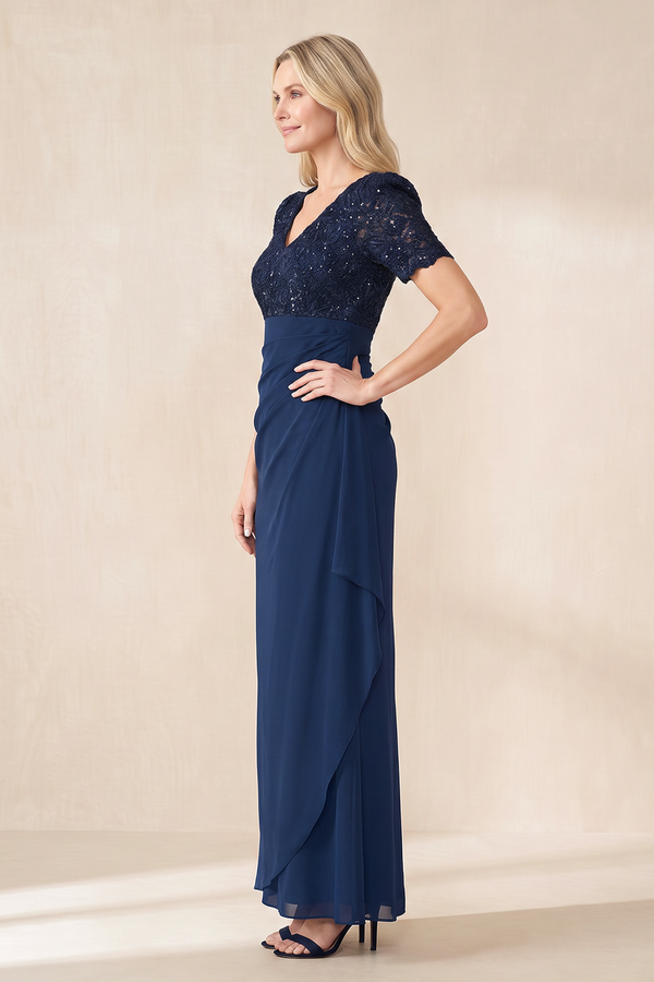 Dark Navy Sheath Chiffon Appliqued V-Neck Mother of the Bride Dress (3) | KISSBRIDAL