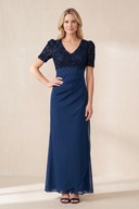 Dark Navy Sheath Chiffon Appliqued V-Neck Mother of the Bride Dress | KISSBRIDAL