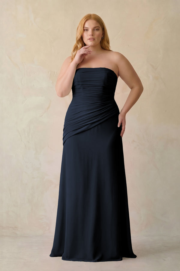 Dark Navy Sheath Chiffon Strapless Pleated Bridesmaid Dress (3) | KISSBRIDAL[sizeplus]