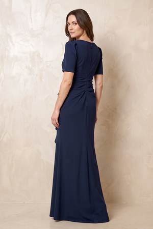 Dark Navy Sheath Linen V-Neck Ruffled Mother of the Bride Dress With Short Sleeves (2) | KISSBRIDAL
