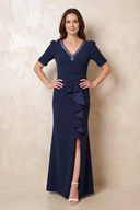 Dark Navy Sheath Linen V-Neck Ruffled Mother of the Bride Dress With Short Sleeves | KISSBRIDAL