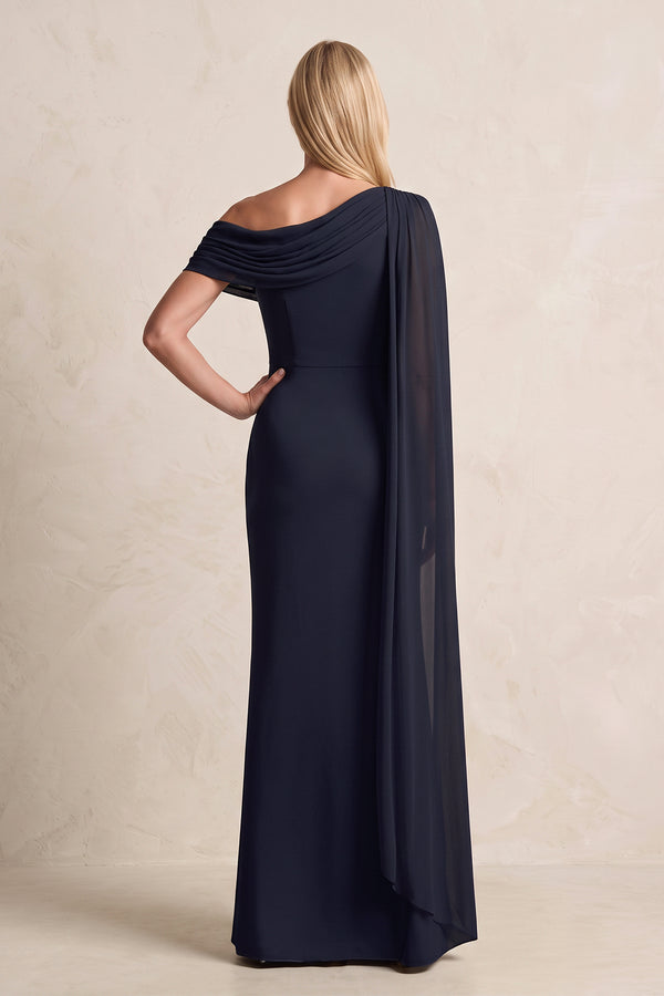 Dark Navy Sheath Matte Satin One-Shoulder Mother of the Bride Dress with Ribbon (2) | KISSBRIDAL
