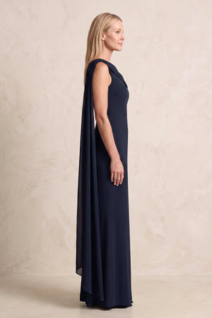 Dark Navy Sheath Matte Satin One-Shoulder Mother of the Bride Dress with Ribbon (3) | KISSBRIDAL