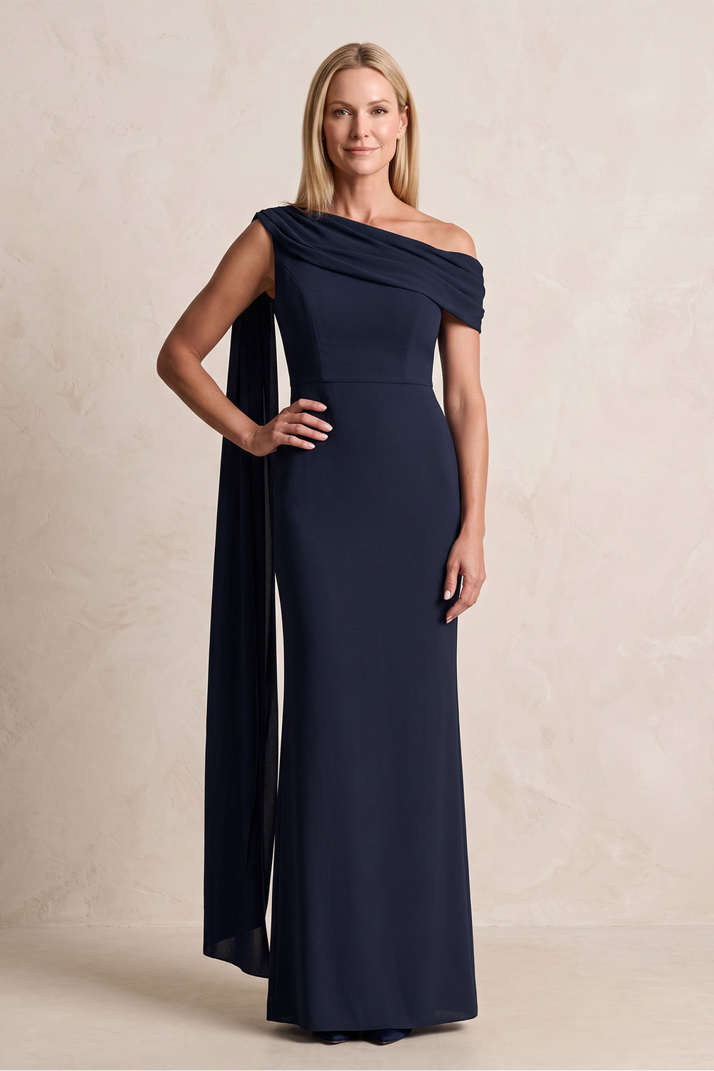 Dark Navy Sheath Matte Satin One-Shoulder Mother of the Bride Dress with Ribbon