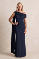 Dark Navy Sheath Matte Satin One-Shoulder Mother of the Bride Dress with Ribbon | KISSBRIDAL