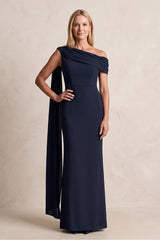 Dark Navy Sheath Matte Satin One-Shoulder Mother of the Bride Dress with Ribbon | KISSBRIDAL