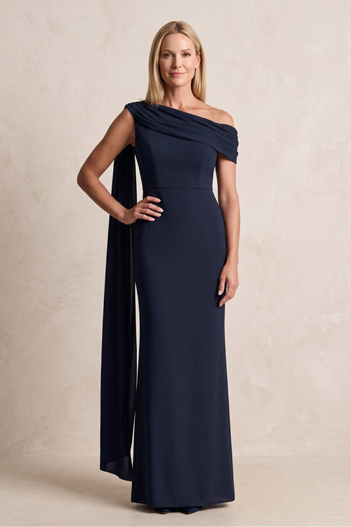 Dark Navy Sheath Matte Satin One-Shoulder Mother of the Bride Dress with Ribbon | KISSBRIDAL