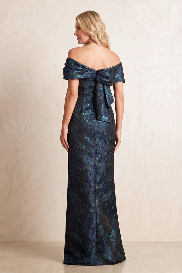 Dark Navy Sheath Off-the-Shoulder Jacquard Mother of the Bride Dress With Slit (2) | KISSBRIDAL