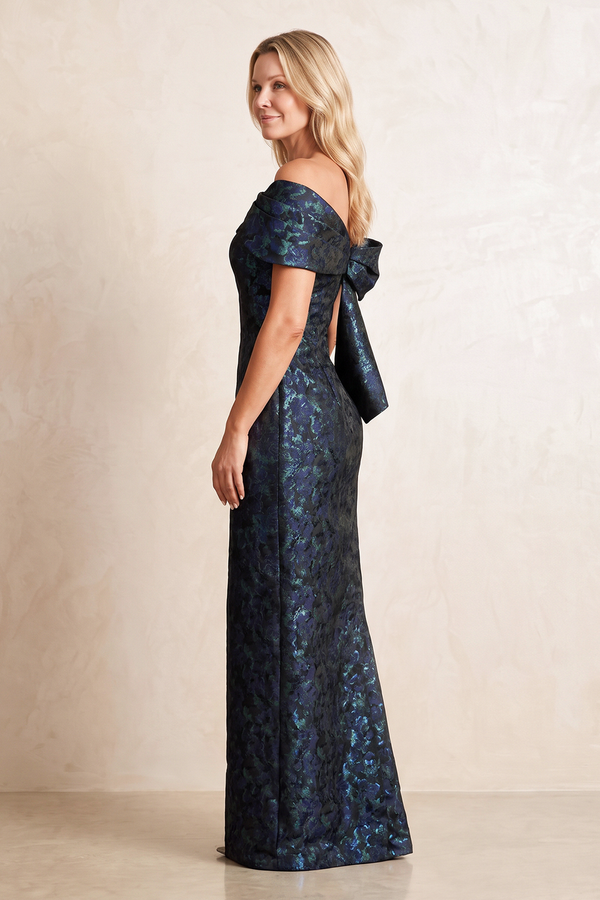 Dark Navy Sheath Off-the-Shoulder Jacquard Mother of the Bride Dress With Slit (3) | KISSBRIDAL