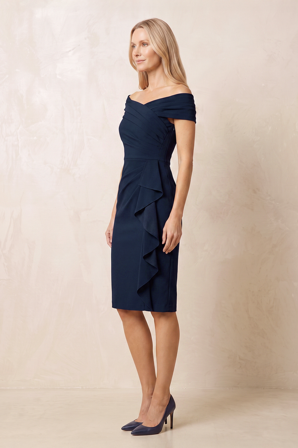 Dark Navy Sheath Off-the-Shoulder Matte Satin Midi Mother of the Bride Dress (3) | KISSBRIDAL