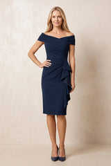 Dark Navy Sheath Off-the-Shoulder Matte Satin Midi Mother of the Bride Dress | KISSBRIDAL