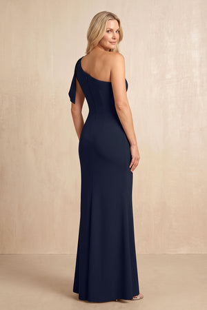 Dark Navy Sheath One-Shoulder Matte Satin Mother of the Bride Dress (2) | KISSBRIDAL